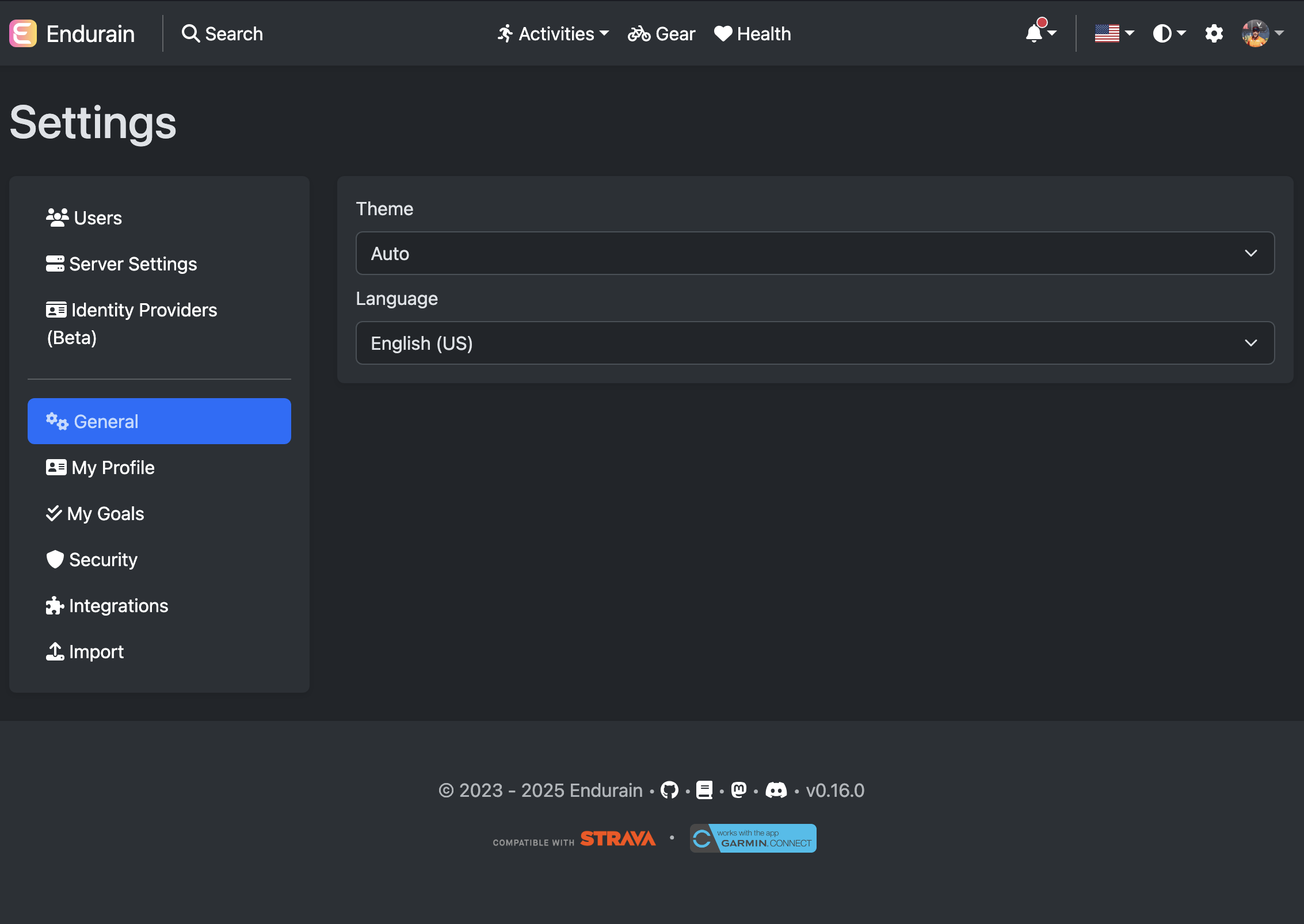 Settings general page