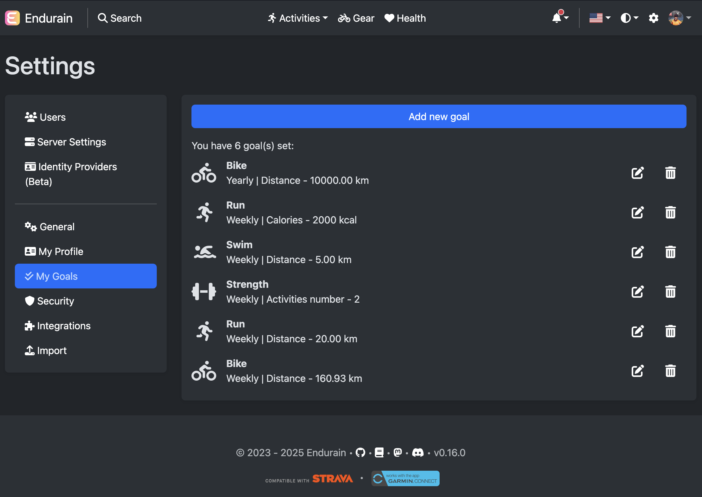 Settings my goals page