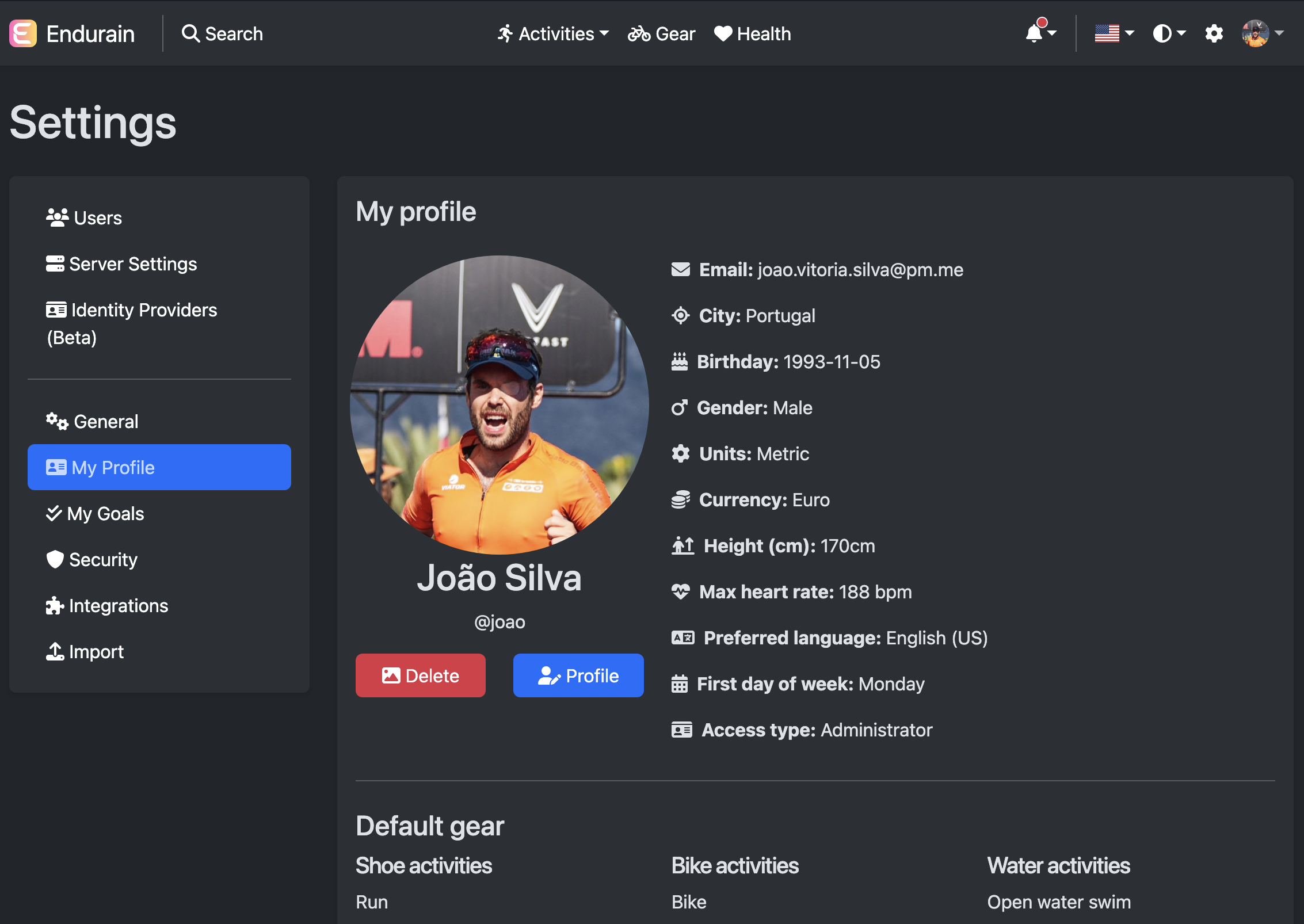 Settings profile page 1