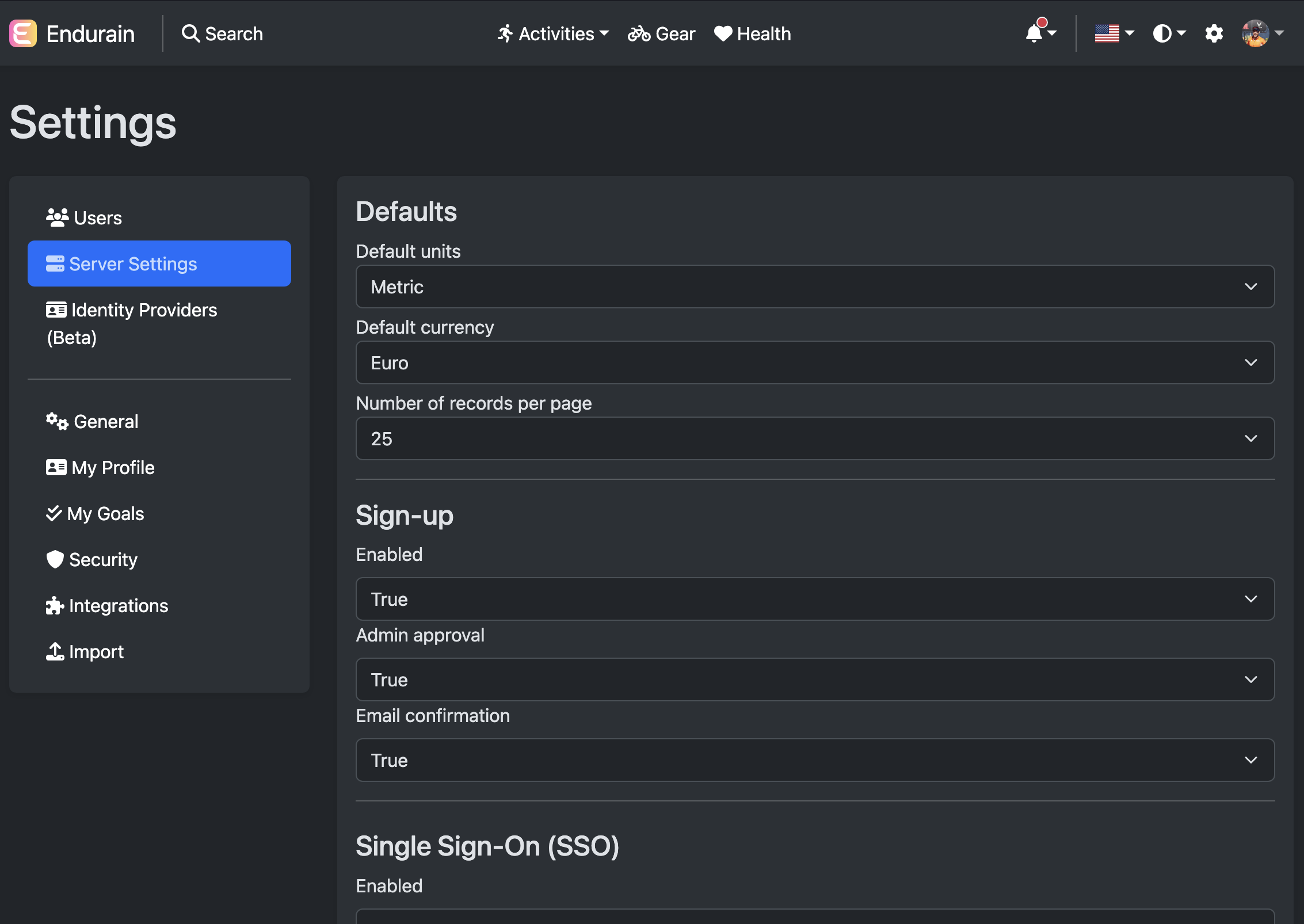 Server settings page